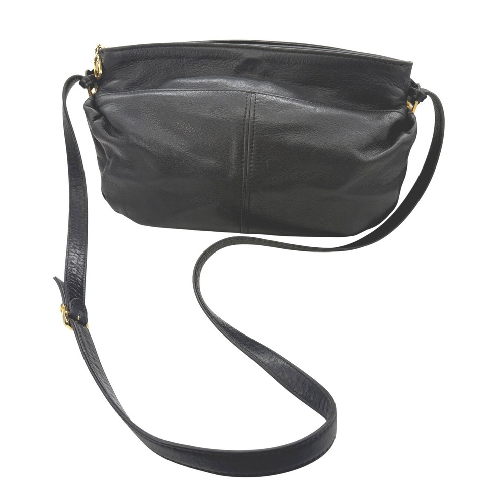 Vintage Black Pebbled Leather Crossbody Bag Gold Hardware Slouchy Shoulder Bag